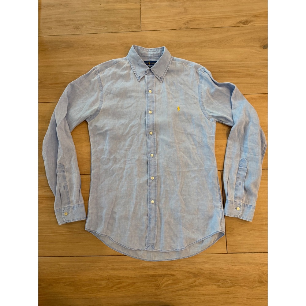 Polo Ralph Lauren Mens Slim Fit Linen Button Down Shirt Blue Yellow Pony Size M